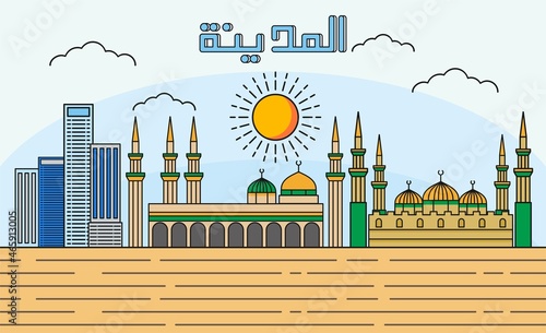 Medina skyline with line art style vector illustration. Modern city design vector. Arabic translate : Medina
