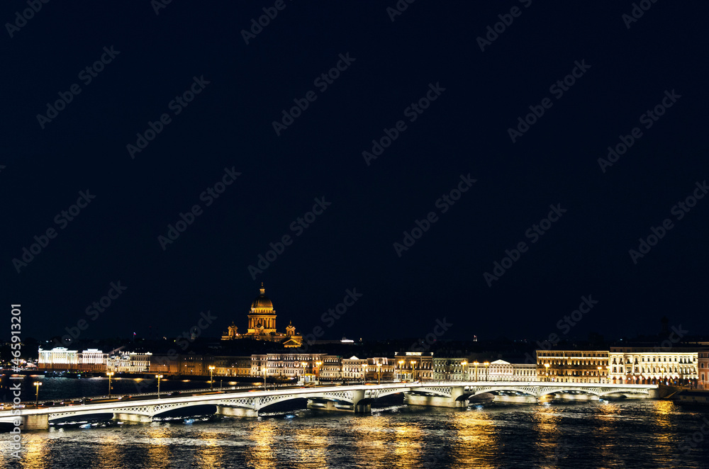 RUSSIA, Saint Petersburg: Blurred scenic cityscape view of the city architecture with Neva river bridges. Evening twightlight St. Isaac's Cathedral architecture RUSSIA, Saint Petersburg: Blurred scenic cityscape view of the city architecture with Neva river bridges. Evening twightlight St. Isaac's Cathedral architecture
