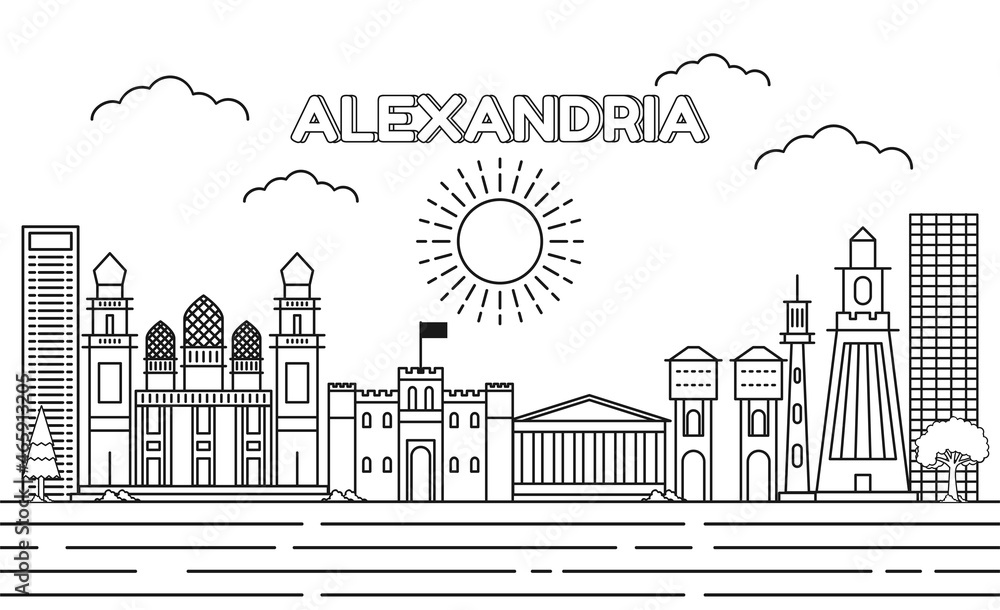  Alexandria skyline with line art style vector illustration. Modern city design vector.