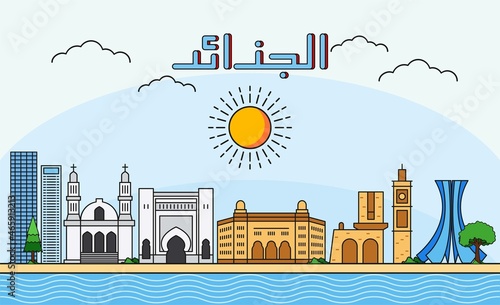 Algeria skyline with line art style vector illustration. Modern city design vector. Arabic translate : Algeria 
