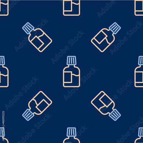 Line Mouthwash plastic bottle icon isolated seamless pattern on blue background. Liquid for rinsing mouth. Oralcare equipment. Vector