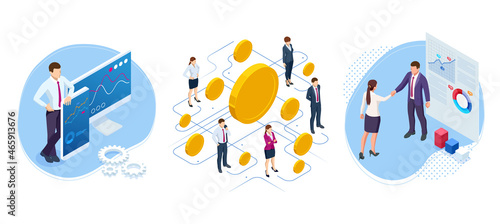 Isometric Successful business collaboration. Isometric concept of business analysis, analytics, research, strategy statistic, planning, marketing, study of performance indicators.