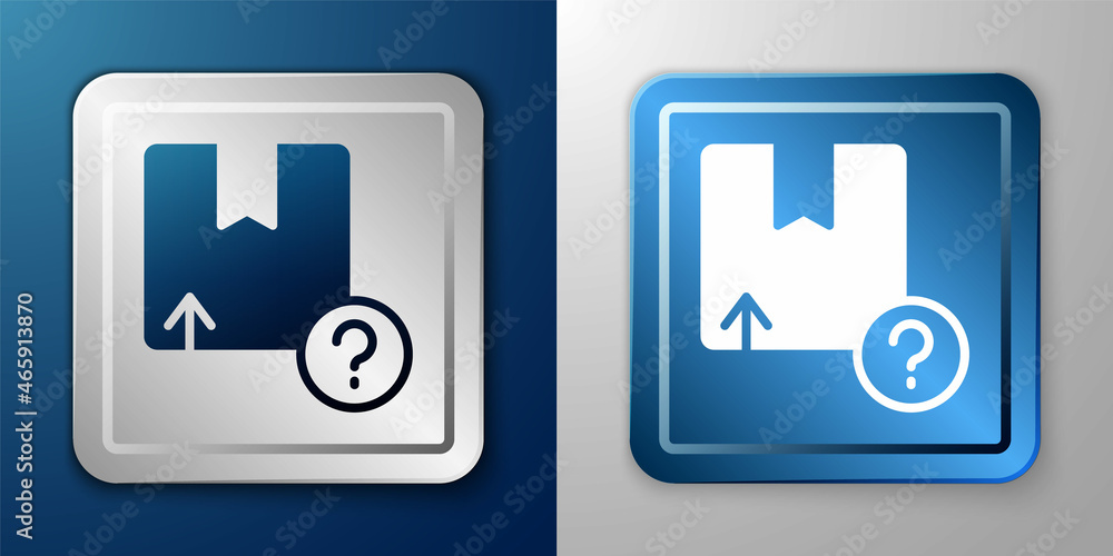 White Carton cardboard box icon isolated on blue and grey background. Box, package, parcel sign. Delivery and packaging. Silver and blue square button. Vector White Carton cardboard box icon isolated on blue and grey background. Box, package, parcel sign. Delivery and packaging. Silver and blue square button. Vector