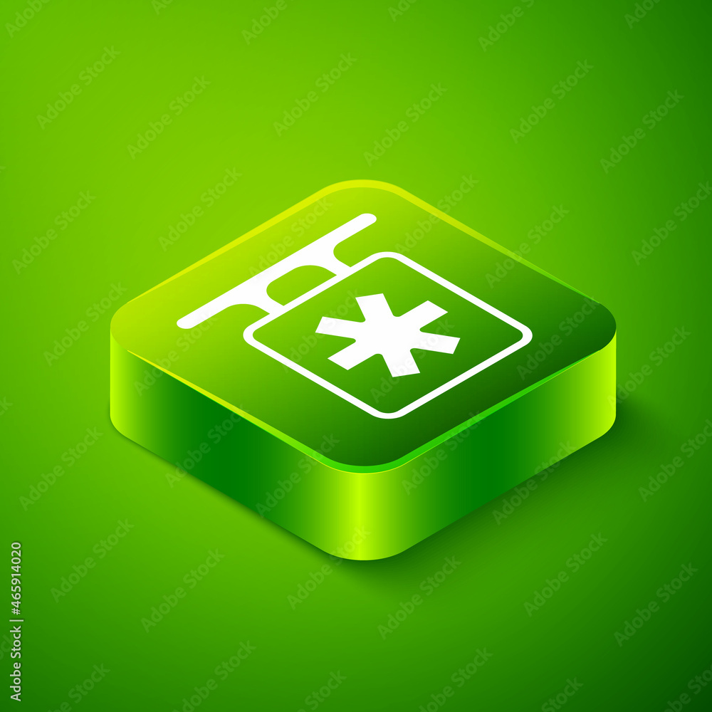 Isometric Medical symbol of the Emergency - Star of Life icon isolated on green background. Green square button. Vector Isometric Medical symbol of the Emergency - Star of Life icon isolated on green background. Green square button. Vector
