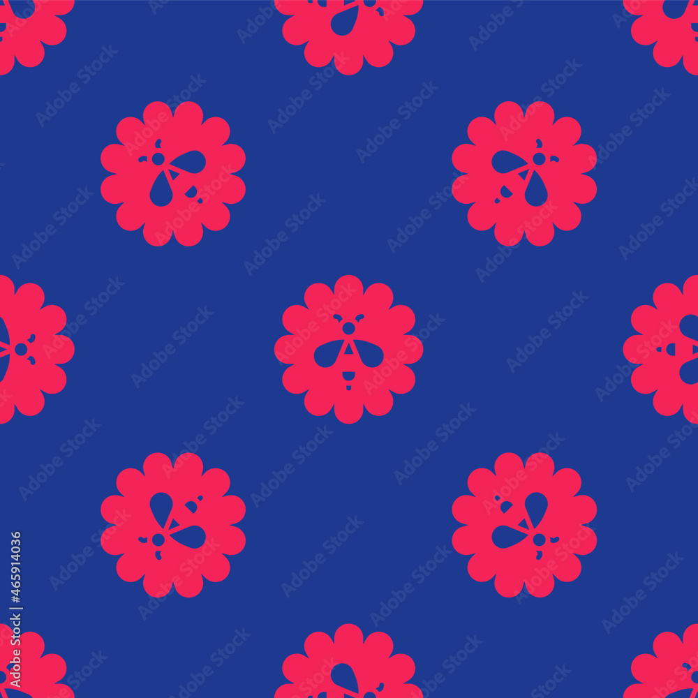Red Bee on flower icon isolated seamless pattern on blue background. Sweet natural food. Honeybee or apis with wings symbol. Flying insect. Vector Red Bee on flower icon isolated seamless pattern on blue background. Sweet natural food. Honeybee or apis with wings symbol. Flying insect. Vector