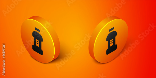 Isometric Plastic bottle for laundry detergent, bleach, dishwashing liquid or another cleaning agent icon isolated on orange background. Orange circle button. Vector