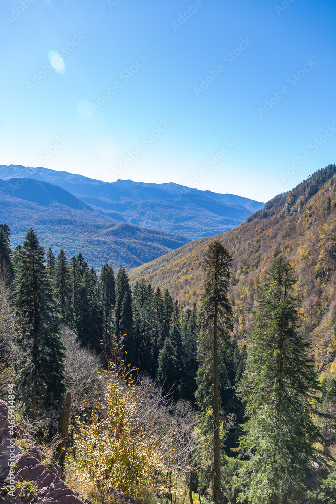 Beautiful panorama of the Caucasus mountains on a sunny autumn day