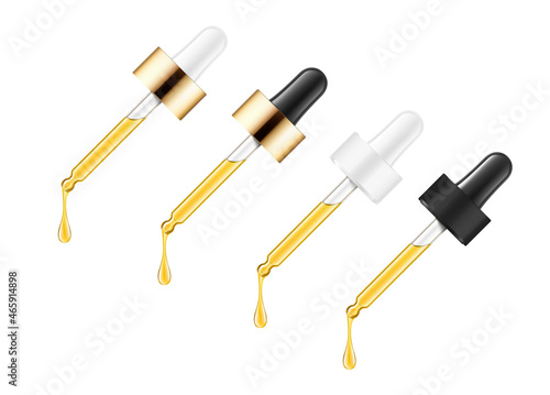 Pipette mockups for dropper bottle isolated on white background. Vector illustration. Front view. Сan be used for cosmetic, medical and other needs. EPS10.	