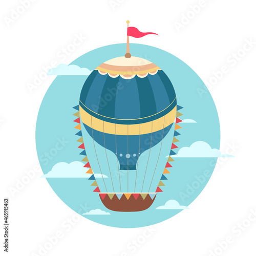 Illustration of vintage hot air balloon with flags in the sky with cloud. Retro air transport with ribbon. Vector flat circle image of cartoon balloons with baskets for stickers and postcards