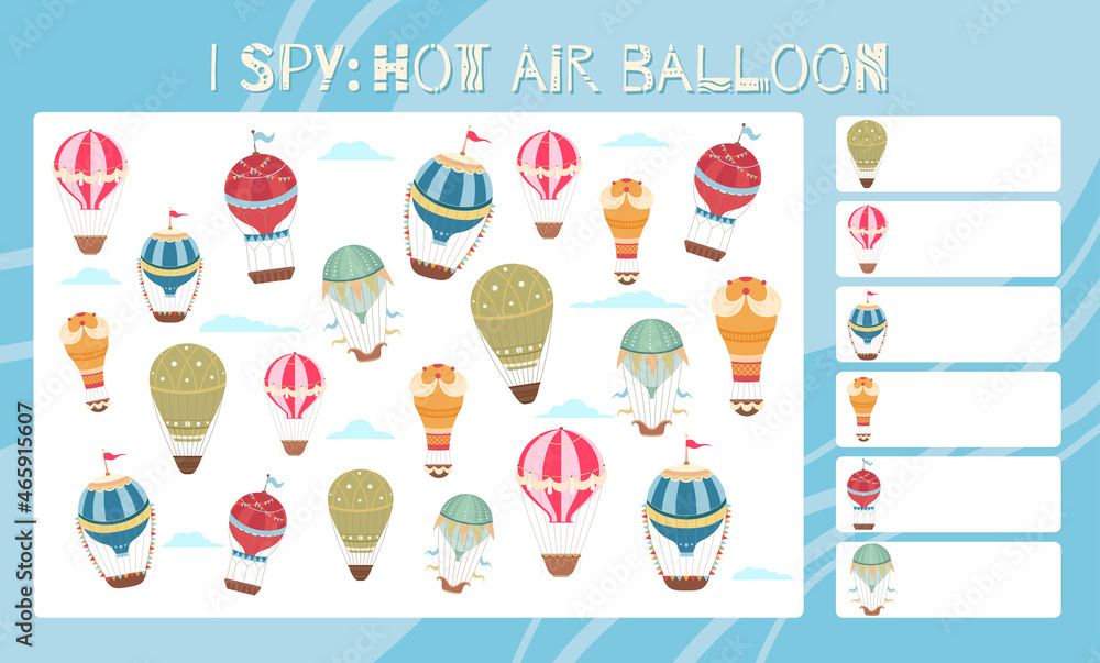 I spy game. Childrens educational fun. Count how many hot air balloons. Cartoon aircraft, vintage balloons and airship. Vector template for preschool games. Education task sheet I spy game. Childrens educational fun. Count how many hot air balloons. Cartoon aircraft, vintage balloons and airship. Vector template for preschool games. Education task sheet