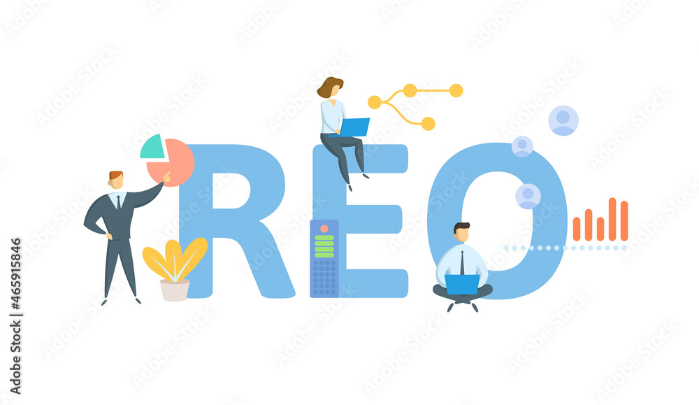 REO, Real Estate Owned. Concept with keyword, people and icons. Flat vector illustration. Isolated on white. REO, Real Estate Owned. Concept with keyword, people and icons. Flat vector illustration. Isolated on white.
