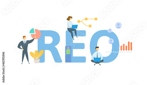 REO, Real Estate Owned. Concept with keyword, people and icons. Flat vector illustration. Isolated on white.