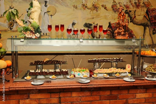 Dessert dishes on a buffet in a hotel restaurant in Egypt