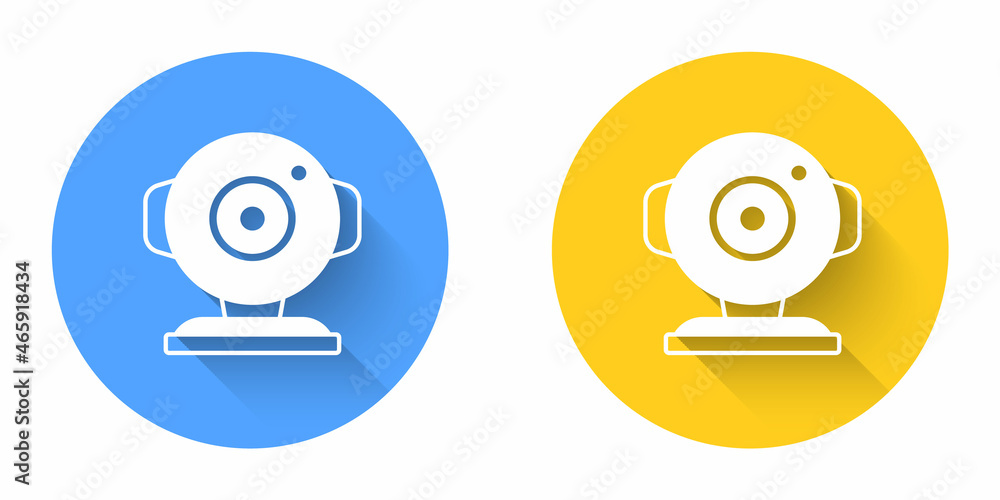 White Web camera icon isolated with long shadow background. Chat camera. Webcam icon. Circle button. Vector White Web camera icon isolated with long shadow background. Chat camera. Webcam icon. Circle button. Vector