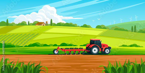 Agriculture concept. Tractor plowing the field on rural landscape background. Soil cultivation process. Farm life. Сountryside landscape. Farmland vector illustration.
