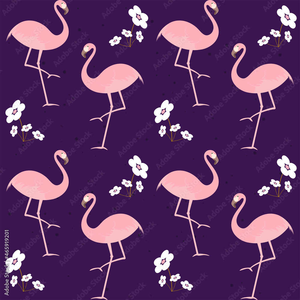 Obraz premium Repeat-less Flamingo And Flowers Decorated On Purple Background.