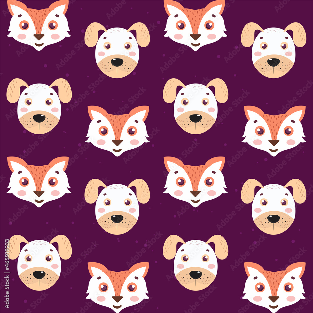 Cartoon Dog And Fox Face Pattern On Purple Background.