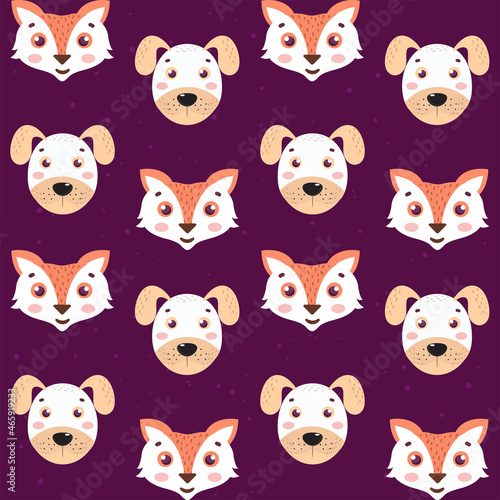 Fototapeta Naklejka Na Ścianę i Meble -  Cartoon Dog And Fox Face Pattern On Purple Background.