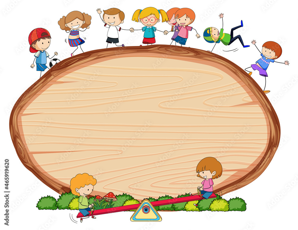 Obraz premium Blank wooden board in oval shape with kids doodle cartoon character