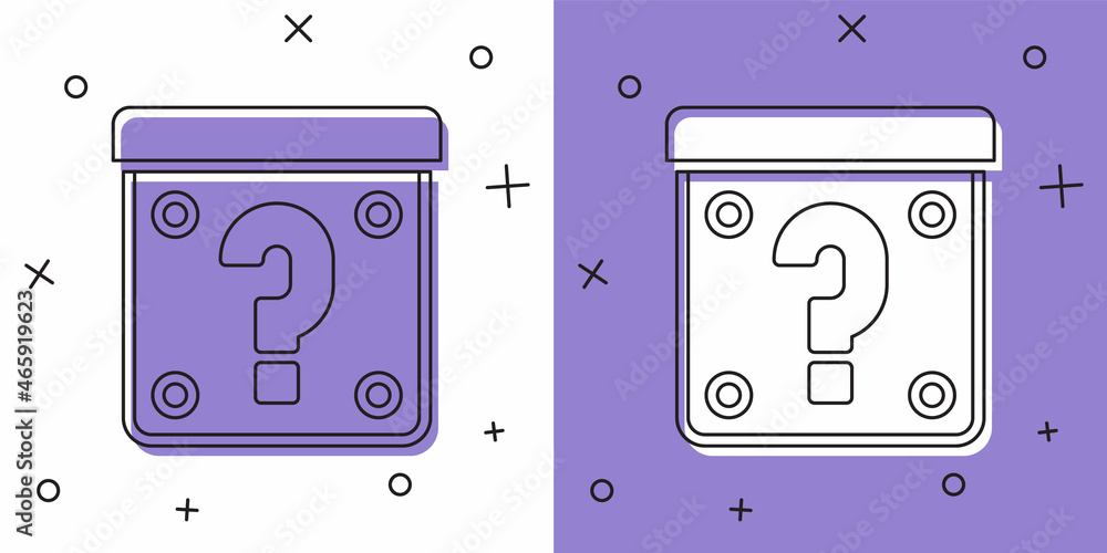 Set Mystery box or random loot box for games icon isolated on white and purple background. Question mark. Unknown surprise box. Vector Set Mystery box or random loot box for games icon isolated on white and purple background. Question mark. Unknown surprise box. Vector