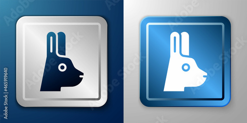 White Rabbit with ears icon isolated on blue and grey background. Magic trick. Mystery entertainment concept. Silver and blue square button. Vector