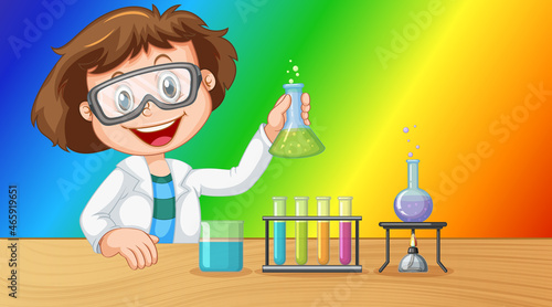 Scientist girl cartoon character on rainbow gradient background