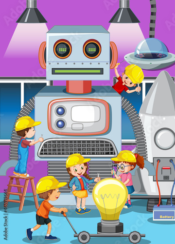 Scene with children building robot together