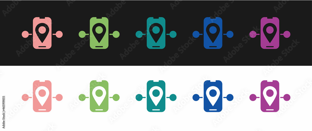 Set Route location icon isolated on black and white background. Train line path of train road route with start point GPS and dash line. Vector Set Route location icon isolated on black and white background. Train line path of train road route with start point GPS and dash line. Vector