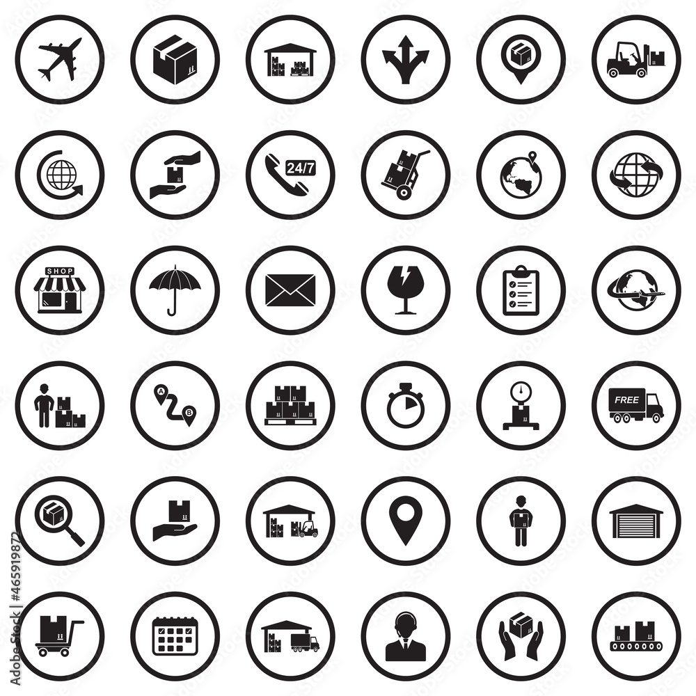 Logistic Icons. Black Flat Design In Circle. Vector Illustration. Logistic Icons. Black Flat Design In Circle. Vector Illustration.