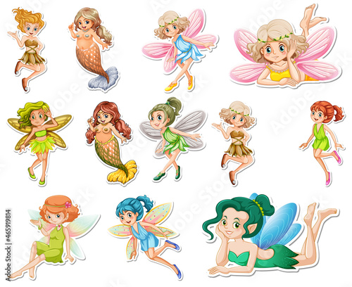 Set of stickers with beautiful fairies and mermaid cartoon character