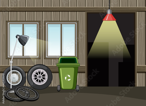 Garage interior with wheels and decorations