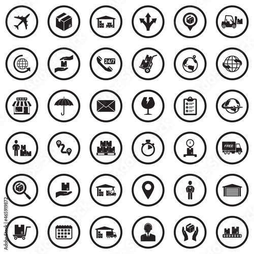 Logistic Icons. Black Flat Design In Circle. Vector Illustration.