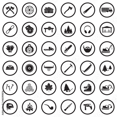 Lumberjack Icons. Black Flat Design In Circle. Vector Illustration.