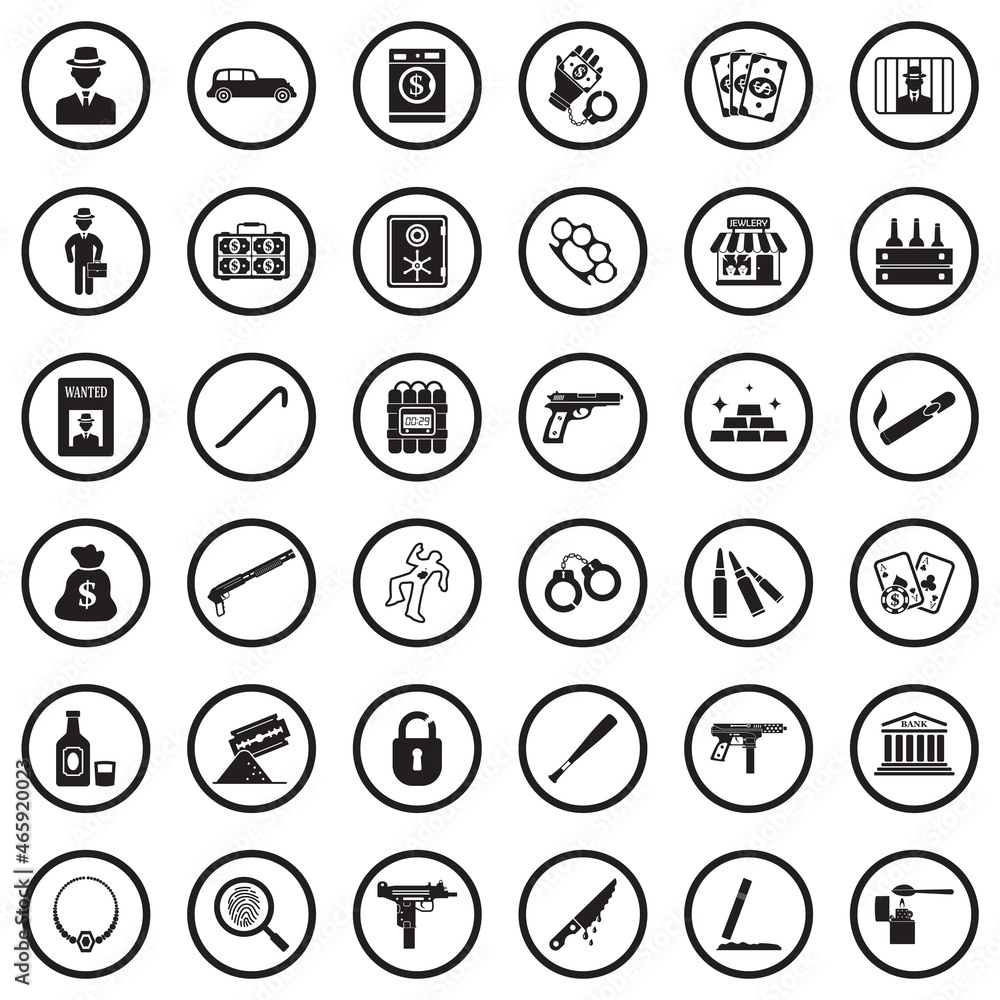 Mafia Icons. Black Flat Design In Circle. Vector Illustration. Mafia Icons. Black Flat Design In Circle. Vector Illustration.
