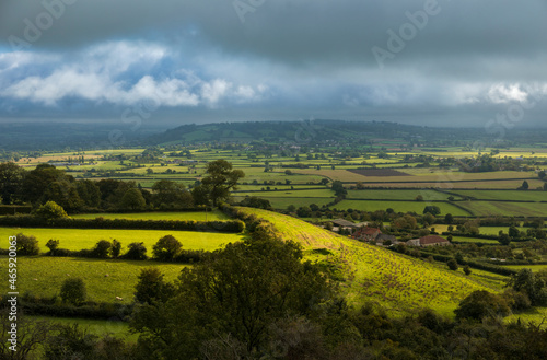 The view of the Somerset countryside from the top of Glastonbury Tor in the south west of England