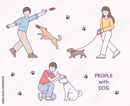 People are having a good time walking with their dogs. flat design style vector illustration.