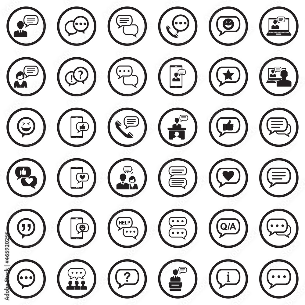 Message And Chat Icons. Black Flat Design In Circle. Vector Illustration. Message And Chat Icons. Black Flat Design In Circle. Vector Illustration.