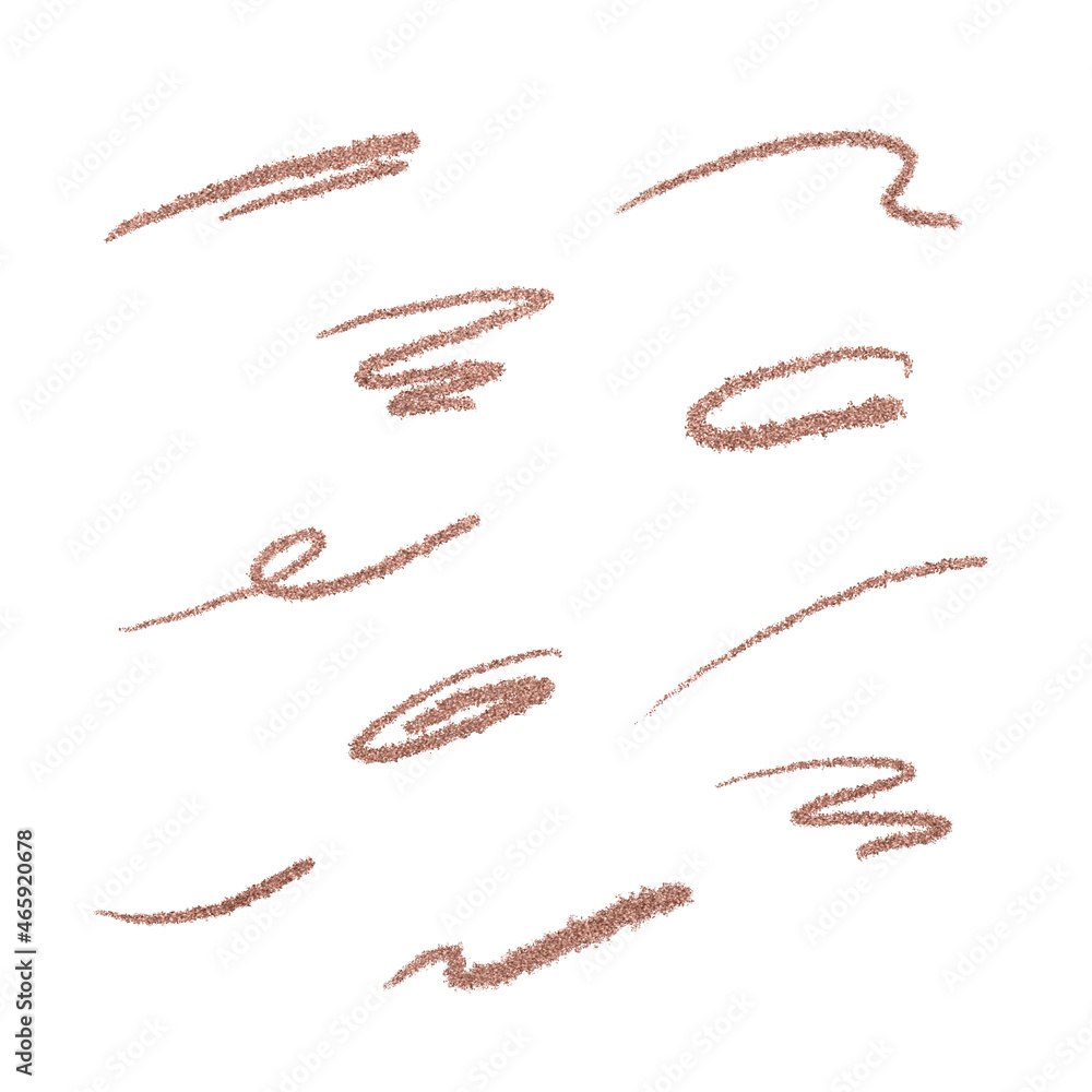 A set of thin roze gold glitter brushstrokes. Christmas glowing decorations, underlines on white background. A set of thin roze gold glitter brushstrokes. Christmas glowing decorations, underlines on white background.