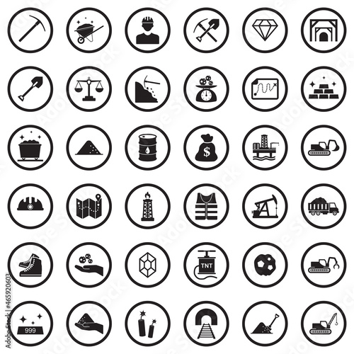 Mining Icons. Black Flat Design In Circle. Vector Illustration.