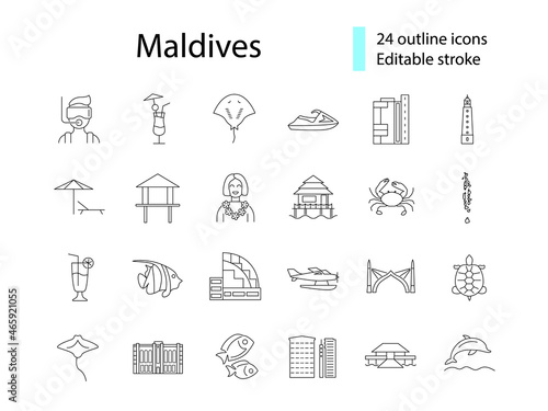 Maldives attractions outline icons set. National attributes. Editable stroke. Isolated vector illustration