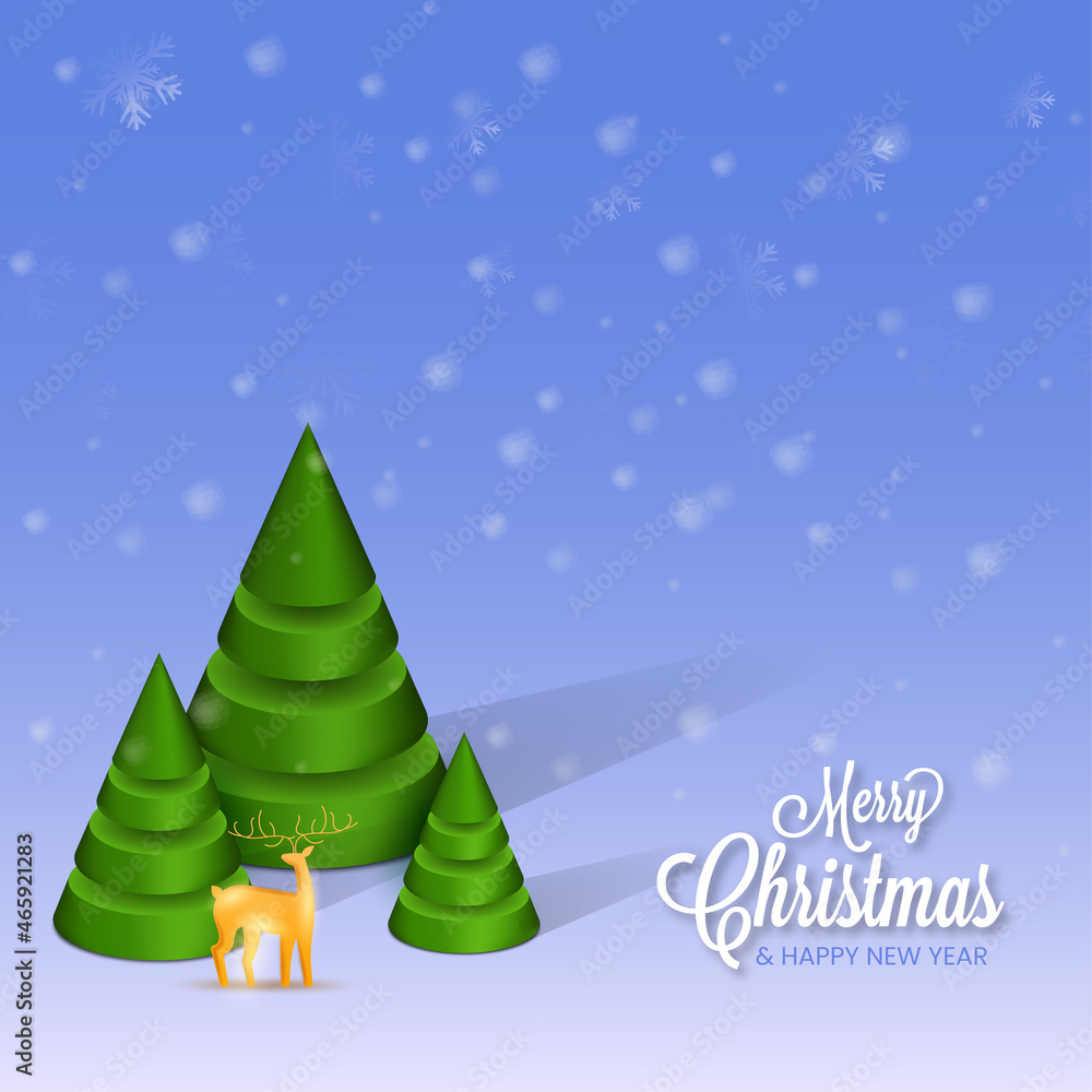 Merry Christmas And New Year Poster Design With 3D Golden Reindeer And Xmas Trees On Blue Snowfall Background.