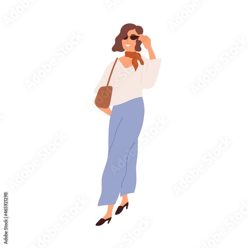 Modern mature woman wearing fashion clothes and sunglasses. Happy female walking in trendy outfit, neck scarf, blouse, trousers and bag. Flat vector illustration isolated on white background