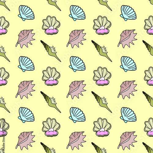 Vector seamless pattern with seashells . Creative design with color shell with pearl on the color background. Vector illustration. Textile pattern/ Color seashells. Sea pattern for wrapping-paper