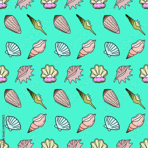 Vector seamless pattern with seashells . Creative design with color shell with pearl on the color background. Vector illustration. Textile pattern/ Color seashells. Sea pattern for wrapping-paper