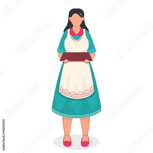 Female Chef Or Waiter Holding Empty Plate In Standing Pose.