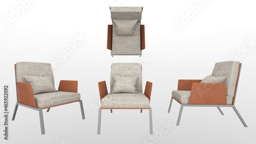 Arm chair on white background, top view, side, 3d rendering