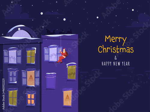Merry Christmas And New Year Poster Design With Santa Claus Climbing Building Through Rope On Purple Snowfall Background.