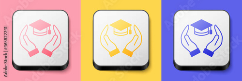 Isometric Education grant icon isolated on pink, yellow and blue background. Tuition fee, financial education, budget fund, scholarship program, graduation hat. Square button. Vector