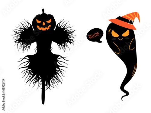 Pumpkin Scarecrow And Cartoon Ghost Saying Hello On White Background.