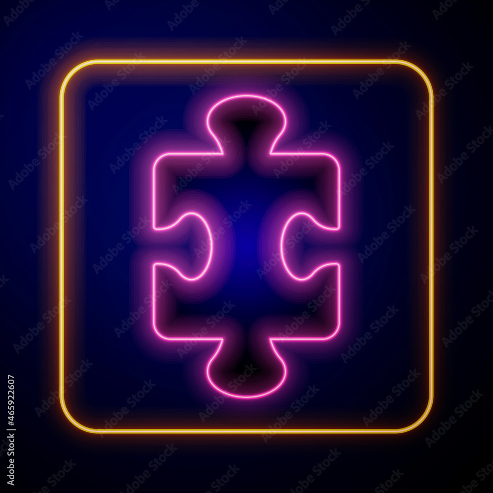 Obraz premium Glowing neon Puzzle pieces toy icon isolated on black background. Vector